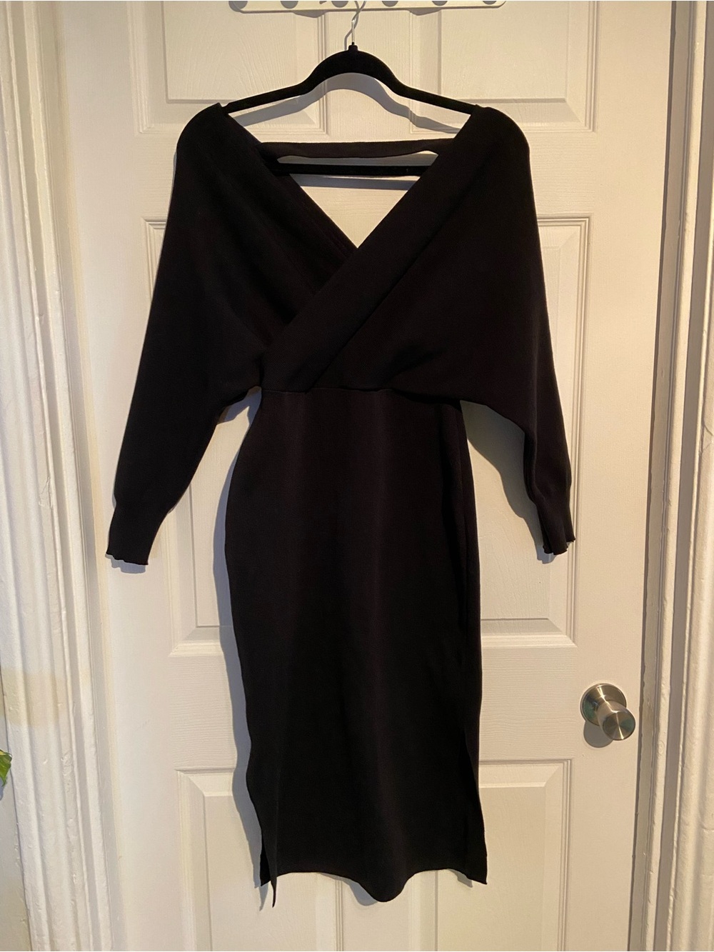 Black Wrap-Style Long Sleeve Midi Dress